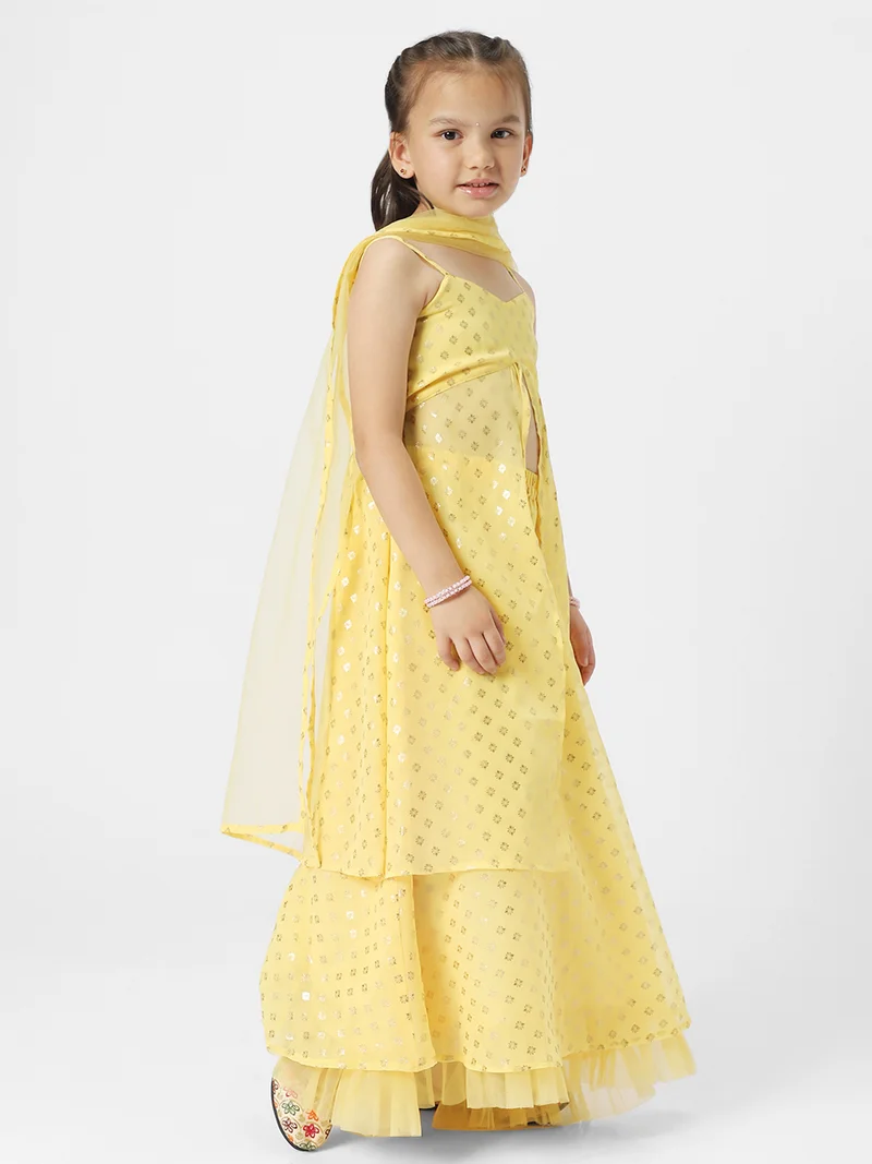 Nautinati  Girls' Georgette Blend Ready-to-wear All-over Gold Toned Foil Print Lehenga & Blouse with Net Dupatta for Women | Best Price UAE